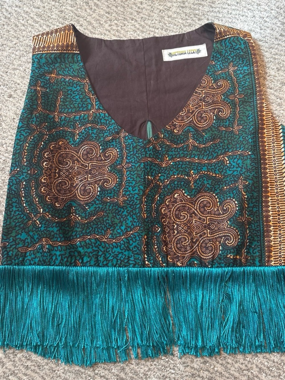 Teal & Brown Printed Fringe Sleeveless Top